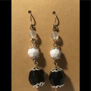 dangling earrings black, white, clear faceted plastic beads